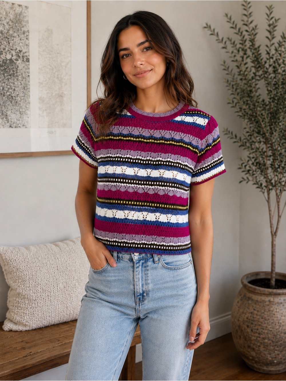 Strut & Bolt Size S Multicolor Open Knit Short Sleeve Sweater Top